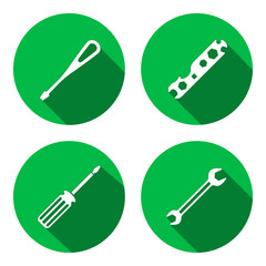 Tool icon. Spanner, nut wrench, screwdriver, turnscrew instrument. Industrial, fixing, repair, service symbol. White sign on round flat button. Vector  