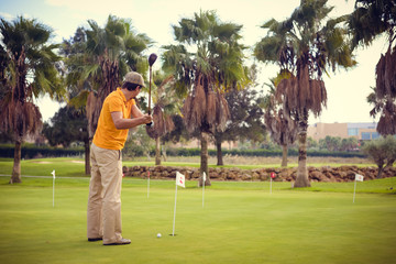 Obraz premium Back view of active man holding playing vintage wooden golf club on palm tree grass field outdoors background.