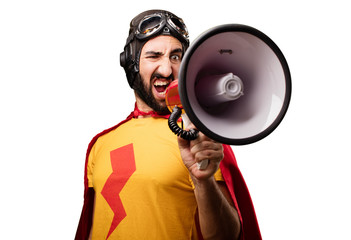 crazy super hero with a megaphone - obrazy, fototapety, plakaty