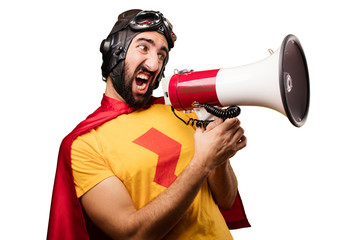 crazy super hero with a megaphone - obrazy, fototapety, plakaty