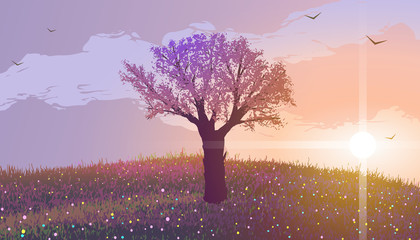 Fototapeta na wymiar Spring. Blooming tree on a hill with flowers at sunset. Birds flying in the clouds.