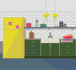 Kitchen with furniture. Cozy kitchen interior with table, sink, cupboard, dishes and fridge. Flat style vector illustration
