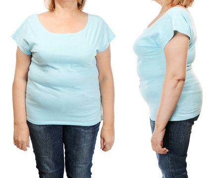 Mature woman's body before and after weightloss on white background. Health care and diet concept.