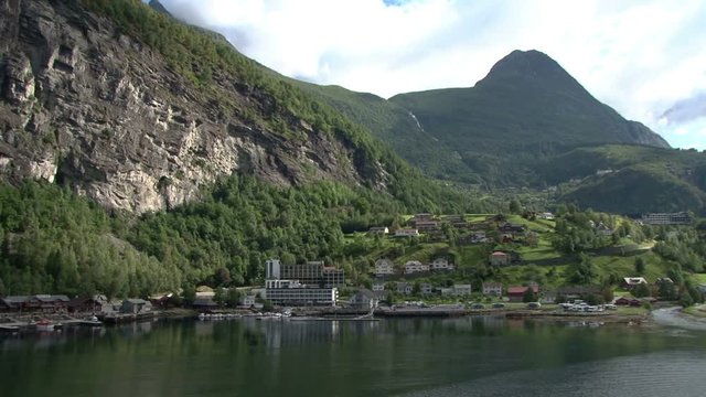 View of view of the village of Geiranger from the deck of a cruise ship