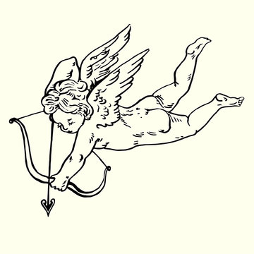 Cupid shoots arrows from his bow, hand drawn doodle, sketch in pop art style, vector