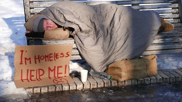 
4K.Young man with cardboard in  winter city park. Homeless life
