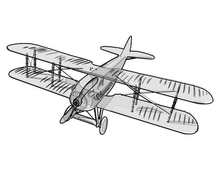 Biplane from World War with outline. Model aircraft propeller with two wings. Old retro vector aircraft designed for poster printing. Beautifully and realistically drawn vector flying biplane.