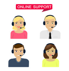 Set of women, men telemarketer, call center operator, hot line, online support