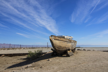 Desert abandoned boat at Salton Sea shore