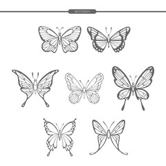 Fototapeta na wymiar Set black butterflies isolate on white background. Hand drawing. Vector illustration.