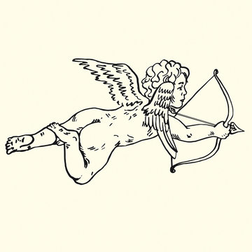 recommend clip art: Cupid shoots arrows from his bow, hand drawn doodle, sketch in pop art style, vector