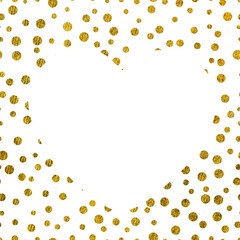 A large white heart on the background of small gold dots of different size with copy space The Theme of love and Valentines Day Idea for greeting card