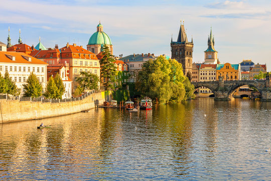 Charles Bridge and architecture of the old town in Prague, Czech republic. Vltava river. Landmarks of the Prague. Old town in Prague.