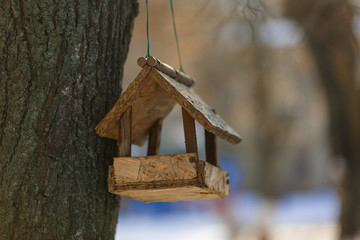 feeding trough for birds on a tree wooden feeder