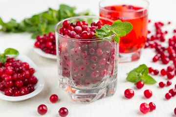 Fresh juicy cranberry and mint juice, close-up