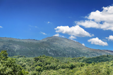 Fototapeta na wymiar Landscape: Summer mountains with green grass and dark blue cloudy sky on a beautiful sunny day in Santa Catarina, Brazil