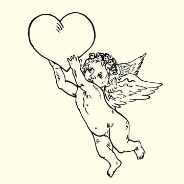 recommend clip art: Little cute amour presenting big heart, hand drawn doodle, sketch in pop art style, vector