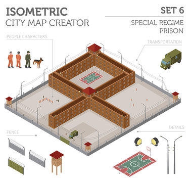 Flat 3d isometric special regime prison, jail for city map const