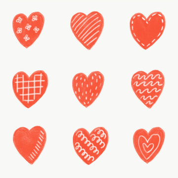Pattern with pencil drawn red hearts