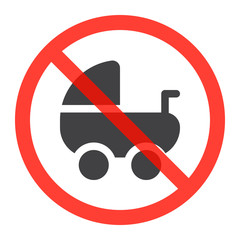 Stroller, pram icon in prohibition red circle, No baby carriage ban or stop sign, forbidden symbol. Vector illustration isolated on white