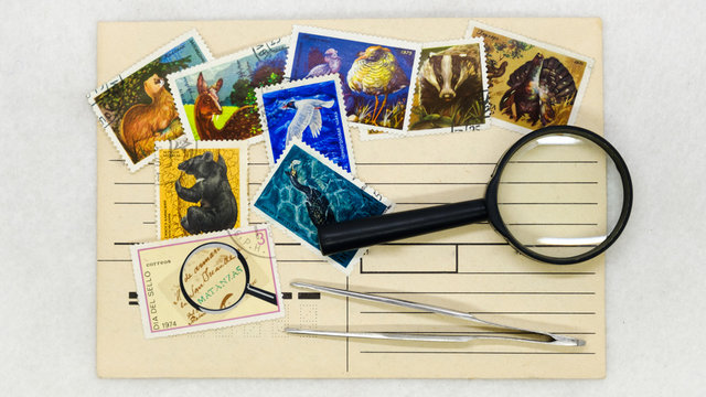 mail envelope postage stamp and magnifying glass