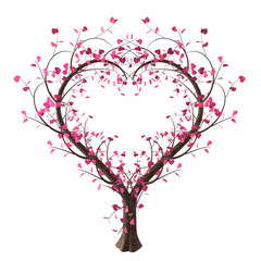 Fantasy tree in the shape of heart with red and pink leaves, isolated on white background. Decorative element for Valentine's Day concept. 3D rendering.