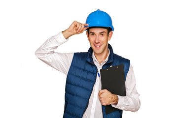 Architect man, blue helmet, isolated over white background.