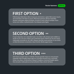 Modern design template with three options in flat style on dark gray background. Useful for corporate presentations and advertising.