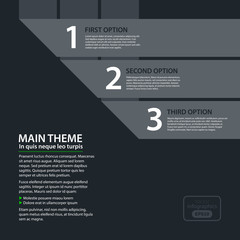 Modern design template with three numbered paper stripes in flat style on dark gray background. Useful for corporate presentations and advertising.