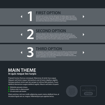 Modern design template with three horizontal options in flat style on dark gray background. Useful for corporate presentations and advertising.