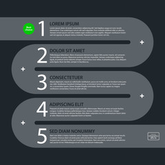 Modern design template with flowing stripe and five options in flat style on dark gray background. Useful for corporate presentations and advertising.