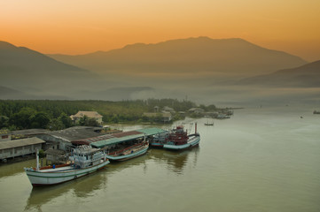 morning fishing boats village at Thailand