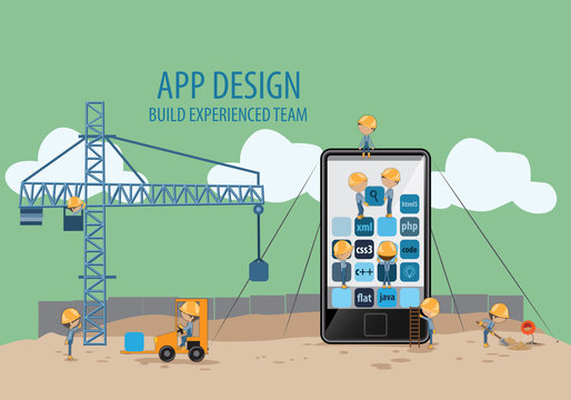 Mobile Application Development,Experienced Team-Vector Illustration,Graphic Design.For Web Site,Print,Presentation Templates,Ui,Mobile And Promotional Materials.Creative Collaboration,Teamwork Concept