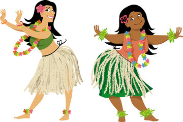 Hula dance teacher and student characters, wearing grass skirts and lei, EPS 8 vector illustration, no transparencies