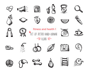 Hand-drawn sketch fitness and health icon set