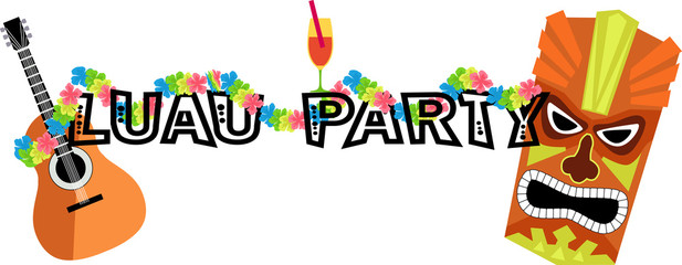 Banner for a luau party with a ukulele, tiki mask and lei, EPS 8 vector illustration, no transparencies 