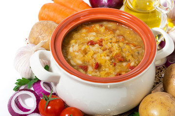 healthy lunch, soup with lentils and vegetables
