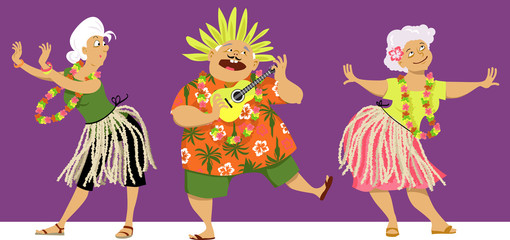 Senior adults characters dressed for a luau party, EPS 8 vector illustration - obrazy, fototapety, plakaty