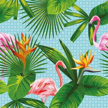 tropical leaves and flowers seamless flamingo background circle