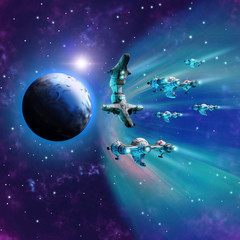 Obraz na płótnie Canvas Flotta di astronavi aliene si prepara ad invadere la terra uscendo dall'iperspazio