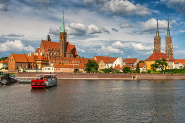 Wroclaw cityscape. Panoramic view of Cathedral island from embankment on Oder river. Poland