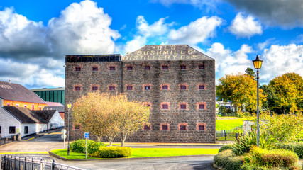 Hight Definition Range photo of the old bushmills whisky distillery. Sunny bright cloudscape and multi colored vibrant nature surrounding the famous ancient building. - obrazy, fototapety, plakaty