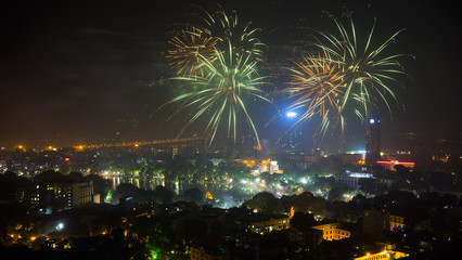Firework on Hanoi liberation 60th day at Hoan Kiem lake, Hanoi, Vietnam