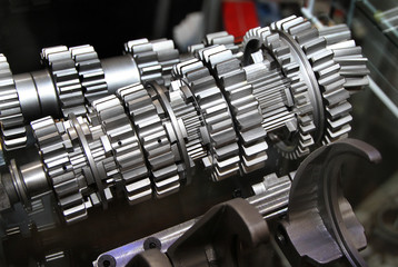 Set of gears from high performance vehicle gearbox.