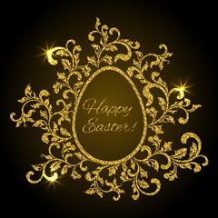 Luxury greeting postcard for Easter. Frame in the shape of an egg made of floral elements on a black background.