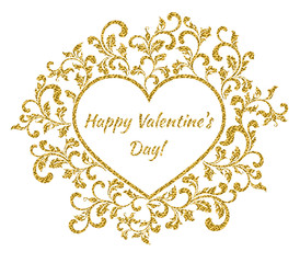 Inscription: Happy Valentine's day inside the frame in the shape of a heart with a flower pattern