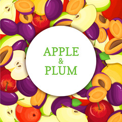 Fototapeta premium Round white frame on ripe apple plum background. Vector card illustration. Delicious fresh and juicy plums apples peeled piece of half slice seed appetizing looking for design of food packaging juice