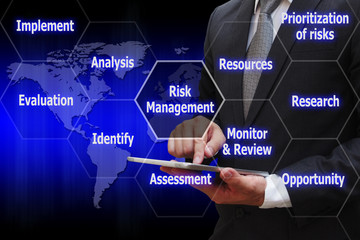 Business man touching modern tablet with virtual panel of icon p