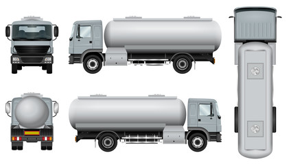 Truck with tank trailer. Tanker car template. The ability to easily change the color. All sides in groups on separate layers. View from side, back, front and top.