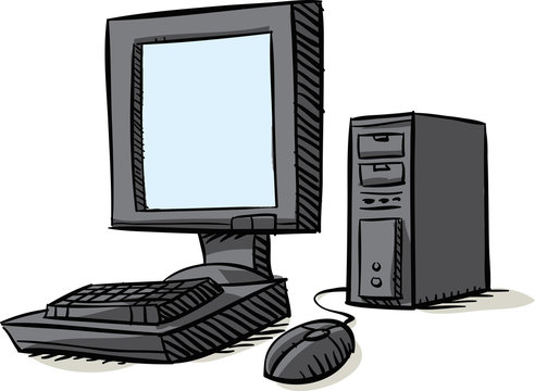 A cartoon desktop computer, mouse and monitor.
